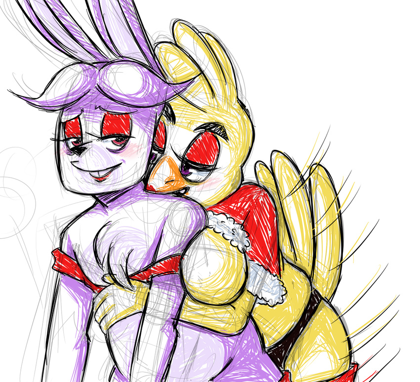 anal anal_penetration anthro avian beak big_breasts bird bite blush bonnie_(fnaf) breasts chica_(fnaf) chicken christmas clothed clothing crossdressing dildo duo eyeshadow female five_nights_at_freddy's fur girly holidays inkyfrog lagomorph lipstick makeup male male/female mammal pegging penetration rabbit sex sex_toy smile strapon video_games