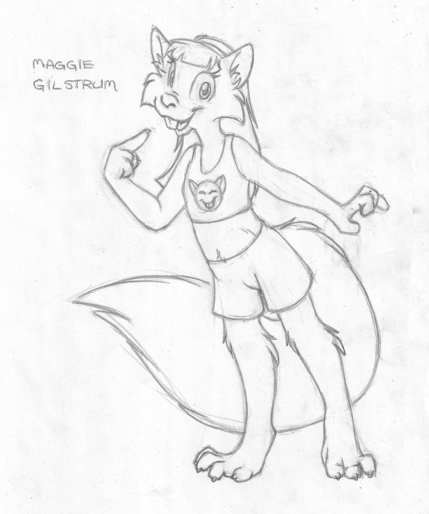 absurd_res barefoot buckteeth clothing crop_top cub digitigrade english_text female fluffy_tail front_view greyscale hair hi_res long_hair looking_at_viewer maggie_gilstrum mammal midriff mizzyam monochrome open_mouth pencil_(artwork) pointing_at_self rodent shirt shorts simple_background smile solo squirrel standing teeth text traditional_media_(artwork) white_background young