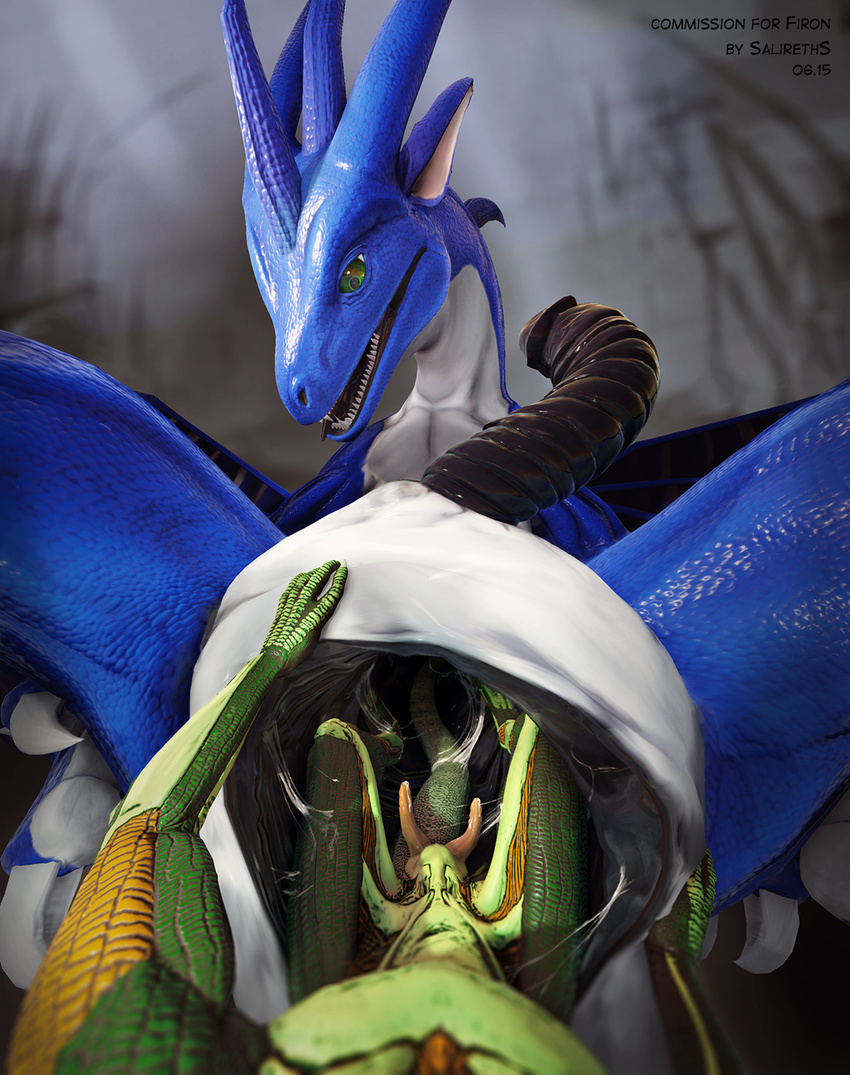 2015 3d_(artwork) anal anal_penetration anal_vore animal_genitalia animal_penis anthro anus blue_scales butt cgi claws digital_media_(artwork) dragon duo erection feral firondraak first_person_view gaping gaping_anus genital_slit green_eyes green_scales hemipenes hi_res horn larger_male lizard looking_at_viewer male male/male multi_penis nude open_mouth penetration penis precum reptile salireths scales scalie sex sharp_teeth size_difference slime slimy slit smaller_male spread_legs spreading tapering_penis teeth toe_claws tongue tongue_out vore wings