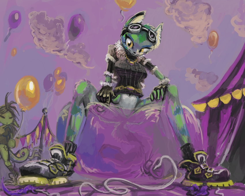 balloon bottomless breasts carnival clothed clothing cloud corazon_tea duo eyewear feline female fingerless_gloves freedom_planet_2 fur gloves goggles green_fur jewelry mammal navel necklace respelia solo_focus wildcat yellow_eyes