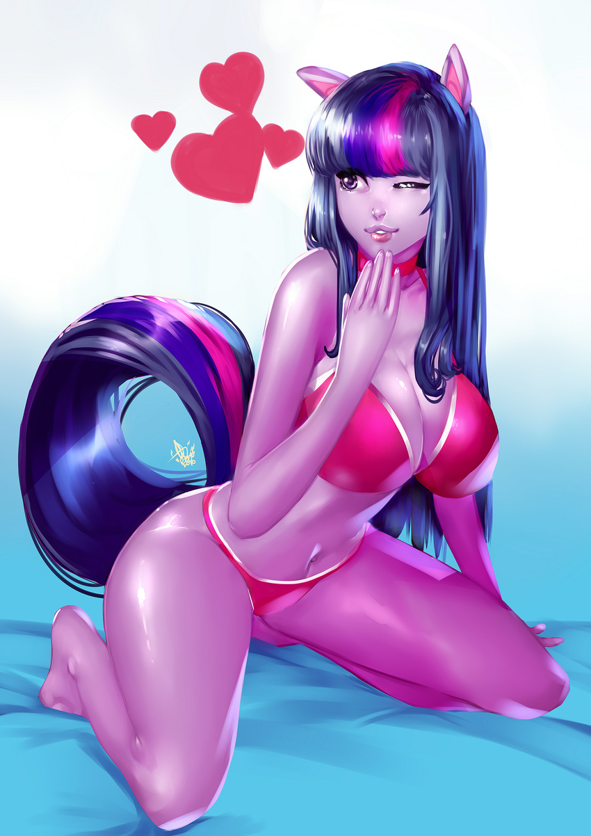 &lt;3 2016 absurd_res animal_humanoid anthro anthrofied barefoot bikini breasts cleavage clothed clothing female friendship_is_magic hair hi_res humanoid long_hair multicolored_hair my_little_pony navel one_eye_closed purple_skin solo swimsuit twilight_sparkle_(mlp) xdtopsu01