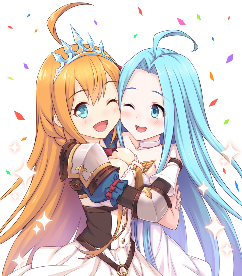 2girls ;d ahoge bangs blue_eyes blue_hair blush breasts choker cleavage collarbone commentary_request confetti crossover dress eyebrows_visible_through_hair gloves granblue_fantasy hair_between_eyes highres hug light_brown_hair long_hair lyria_(granblue_fantasy) medium_breasts multiple_girls one_eye_closed open_mouth parted_bangs pauldrons pecorine princess_connect! princess_connect!_re:dive puffy_short_sleeves puffy_sleeves short_sleeves simple_background skirt smile sparkle tiara tomo_(user_hes4085) very_long_hair white_background white_choker white_dress white_gloves white_skirt