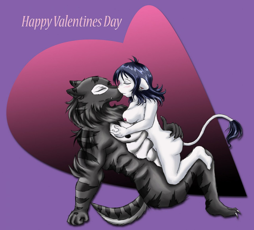 &lt;3 2011 anthro areola black_fur black_hair black_nipples blush breasts canine claws duo eyes_closed feline female fur grey_fur hair hand_on_butt holidays kissing lion male male/female mammal muscular nipples nude pink_nose purple_background simple_background sitting tigerlilylucky toe_claws valentine's_day were werewolf white_fur