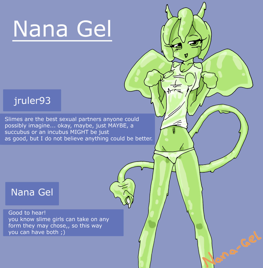 clothed clothing female goo happy hi_res nana_gel not_furry open_mouth panties shirt slime smile solo text translucent underwear wet wet_shirt