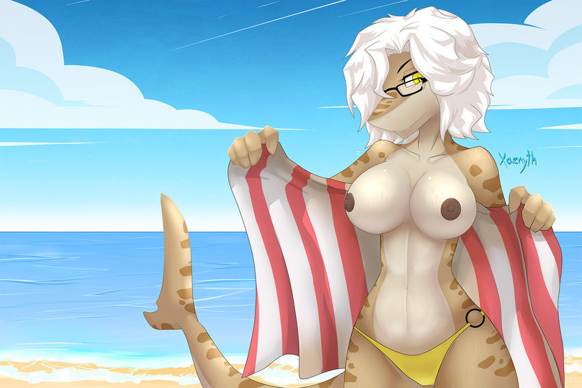 anthro beach breasts clothed clothing eyewear female fish glasses gwen hair hi_res marine nipples outside sea seaside shark solo stripes swimsuit thong_(swimwear) topless towel water white_hair xaenyth yellow_eyes