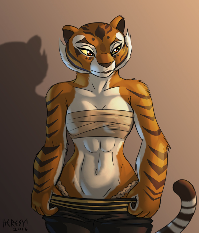 2016 abs anthro bandage breasts cleavage clothed clothing feline female fur heresy_(artist) hi_res kung_fu_panda mammal master_tigress muscular muscular_female navel orange_eyes orange_fur shadow simple_background solo striped_fur stripes tiger underwear undressing white_fur wide_hips yellow_sclera