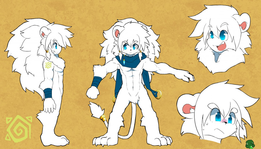 athletic barefoot broccoli expressions featureless_crotch feline food front_view leo_(whiteleo) lion looking_away male mammal mane model_sheet mostly_nude open_mouth pecs scarf side_view smile solo standing sweat sweatdrop vegetable whiteleo young