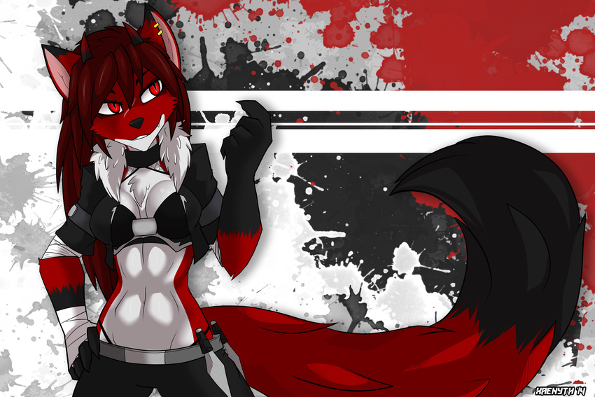 2014 abstract_background anthro canine clothed clothing ear_piercing female fox half-closed_eyes hi_res mammal navel piercing smile solo teeth xaenyth