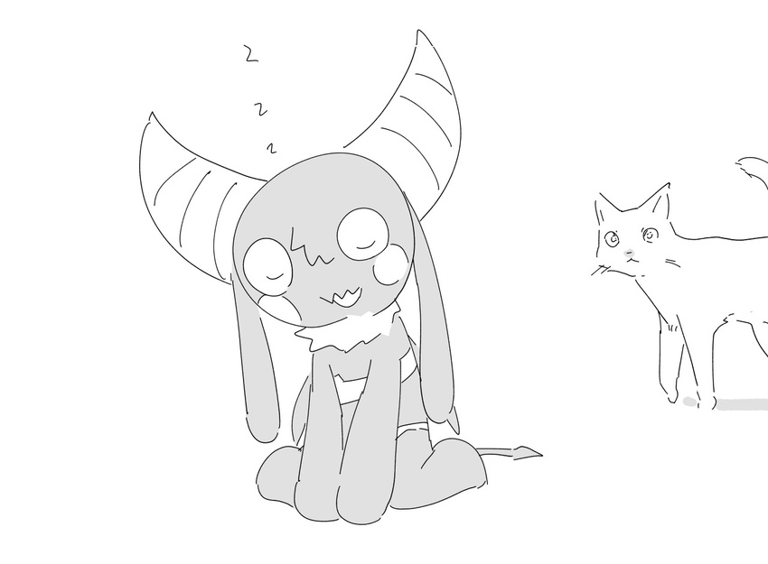 ambiguous_gender black_and_white black_fur cat clothed clothing duo eyes_closed failure_succubus feline female feral fur horn long_ears mammal monochrome o-den skimpy sleeping spade_tail