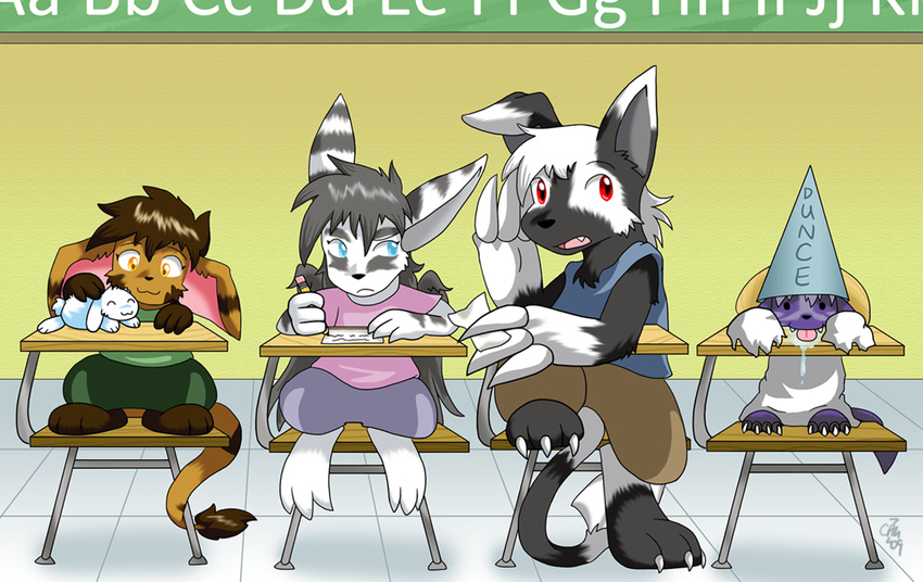 anthro baby big_ears black_hair blue_eyes brown_fur buwaro_elexion chair class classroom claws clothing demon desk drooling feathers female fur group hair hat iratu_elexion jakkai kids kieri_suizahn lagomorph male mammal orange_eyes purple_fur rabbit red_eyes rhea_snaketail sakido_elexion saliva school slightly_damned stripes the-chu tongue webcomic white_fur wings young