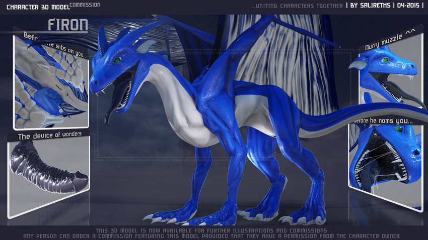 2015 3d_(artwork) 4_toes animal_genitalia anus blue_scales butt cgi claws digital_media_(artwork) dragon drooling erection feral firondraak genital_slit green_eyes hi_res horn knot lizard looking_at_viewer low-angle_view male model_sheet mouth_shot nude open_mouth penis reptile salireths saliva scales scalie sharp_teeth slit solo teeth text toe_claws toes tongue tongue_out wings