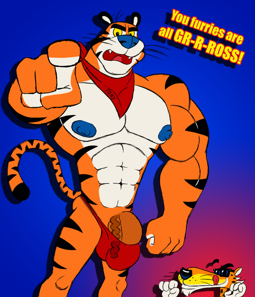2016 abs ascot biceps big_muscles big_nose big_pecs big_penis blu3danny blue_nipples bulge butt cheetah cheetos chester_cheetah clothing duo eyewear fangs feline frosted_flakes hi_res kellogg's licking licking_lips male mammal muscular nipples pecs penis pointing poking_out stripes sunglasses thong tiger tight_clothing tongue tongue_out tony_the_tiger toony vein veiny_penis whiskers yellow_eyes