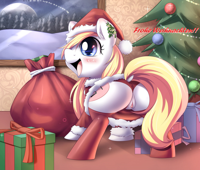 anus aryanne aryanne_(character) blonde_hair blue_eyes blush butt christmas clitoris clothed clothing cutie_mark earth_pony equine fan_character female feral german_text hair hat hi_res holidays horse mammal my_little_pony open_mouth pony pussy santa_hat swastika text underwear