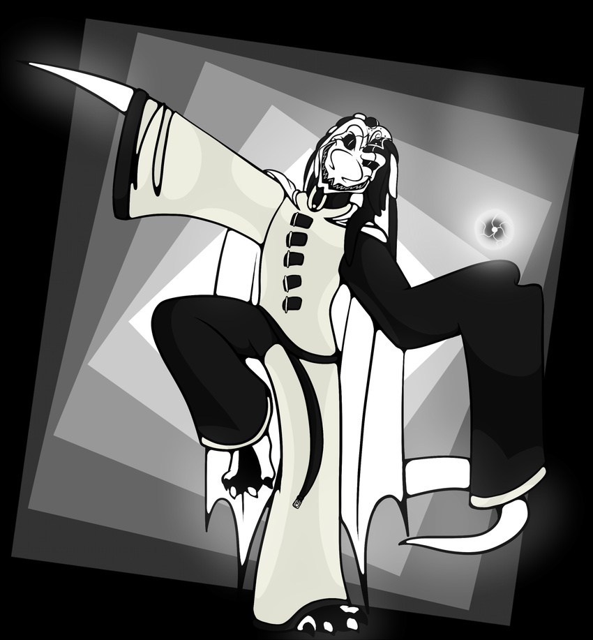 2016 abstract_background ambiguous_gender anomaly_(character) anthro black_claws black_sclera claws clothed clothing digital_media_(artwork) doppelg&auml;nger dreadlocks energy_ball hi_res insane long_sleeves looking_at_viewer markings monochrome scales scalie smile solo straitjacket teeth toe_claws white_claws white_pupils wings x231_(artist)