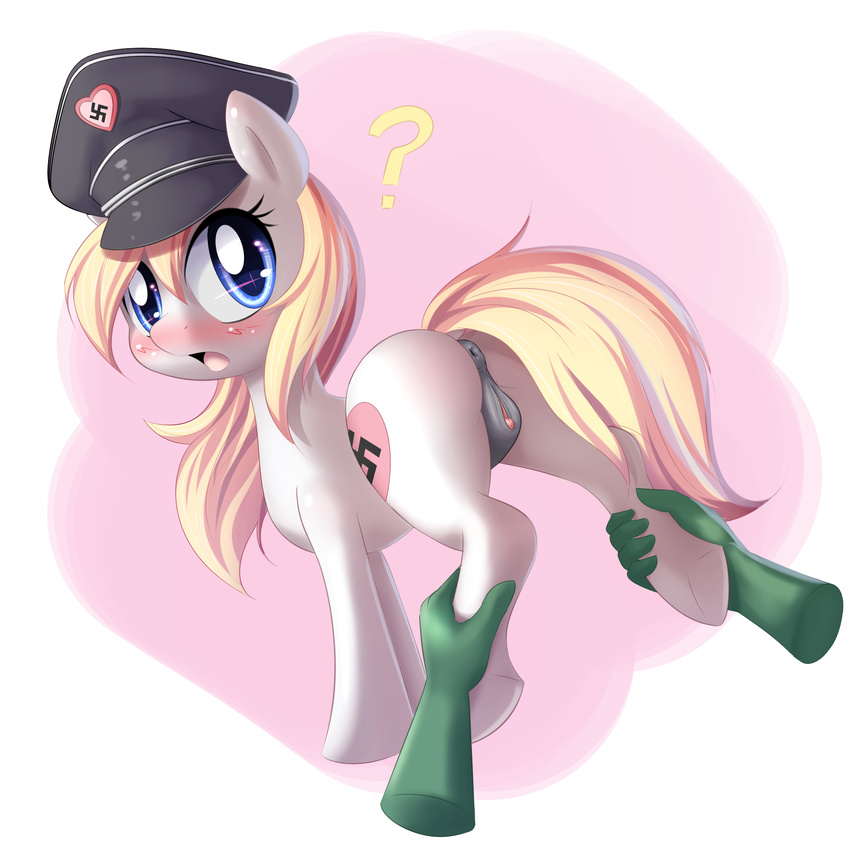 ? anatomically_correct anatomically_correct_pussy animal_genitalia animal_pussy anus aryanne aryanne_(character) blonde_hair blue_eyes blush butt cutie_mark disembodied_hand duo earth_pony equine equine_pussy fan_character female feral hair hat hi_res horse looking_back mammal my_little_pony nazi pony pussy swastika