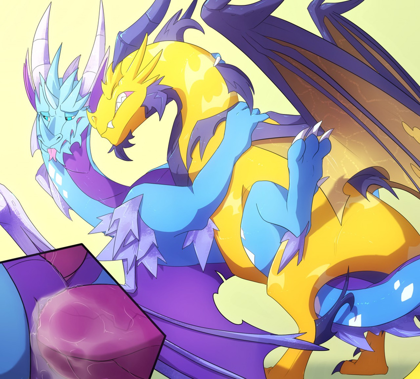 anal anal_penetration blitzdrachin blue_eyes claws close-up cum cum_in_ass cum_inside cyril digitigrade dragon duo embarrassed embrace erection eyes_closed feral horn lying male male/male markings membranous_wings missionary_position on_back penetration penis purple_wings scalie sex simple_background spyro_the_dragon tongue tongue_out video_games volteer western_dragon wings yellow_background yellow_wings