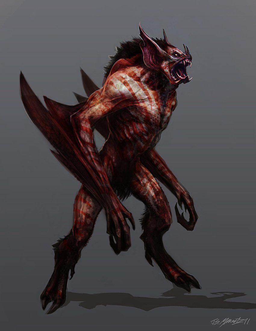 anthro bat bat_wings blood digitigrade fangs festival fur hi_res infamous mammal membranous_wings monster muscular nude official_art open_mouth pecs red_eyes simple_background solo video_games winged_arms wings