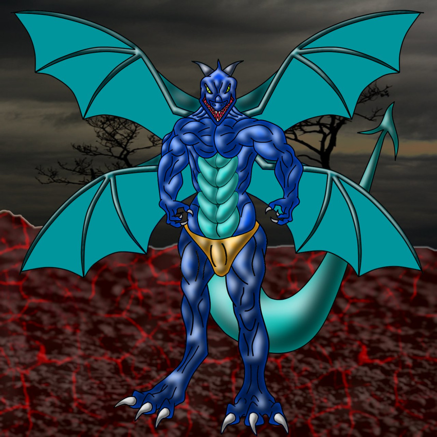 3_toes 4_fingers abs anthro biceps claws clothed clothing dark demon digital_media_(artwork) dragon featureless_chest front_view full-length_portrait hi_res lava looking_at_viewer male membranous_wings mrd66 multi_wing muscular open_mouth portrait reptile scalie sixpack solo spade_tail standing toes topless transformed tree wings