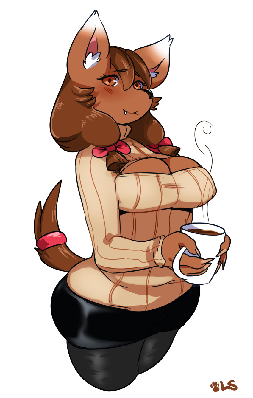 anthro beverage big_breasts blush breasts brown_eyes brown_hair canine cleavage clothed clothing coffee cute dog fangs female food hair hair_bow hair_ribbon hi_res keyhole_turtleneck legwear lightsource looking_at_viewer mammal open_mouth ribbons simple_background skirt smile solo stockings sweater white_background