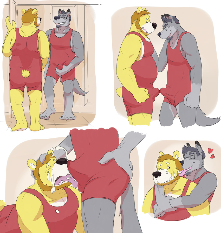 anthro bear canine clothing cum_through_clothing duo erection erection_under_clothes gator_(artist) licking male male/male mammal tongue tongue_out wolf wrestling_singlet