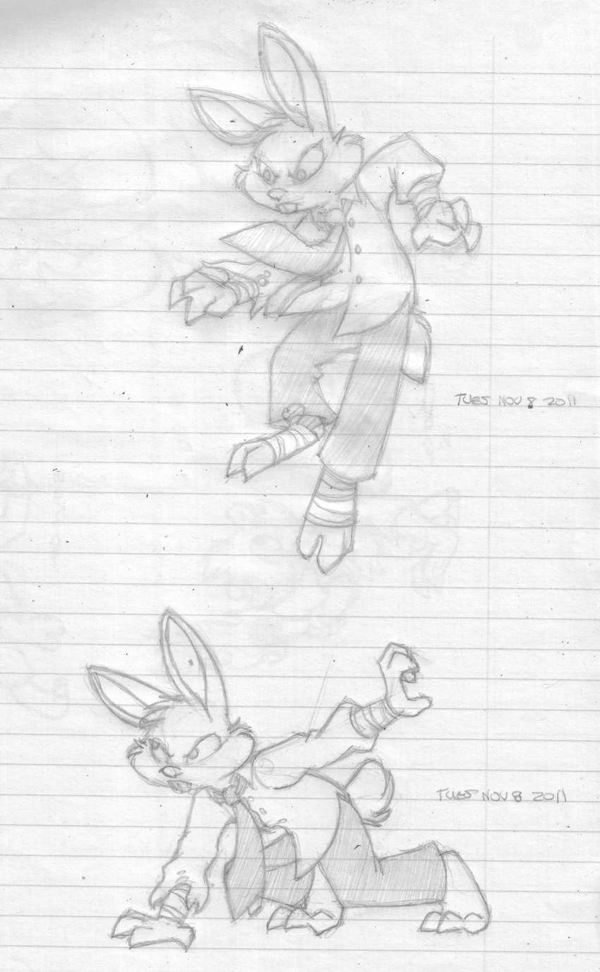 2011 absurd_res action_pose anthro arm_wraps barefoot better_version_at_source buckteeth clothing digitigrade dress_shirt english_text foot_wraps greyscale hi_res jumping lagomorph lined_paper looking_away looking_down male mammal maxy mizzyam monochrome multiple_images multiple_poses necktie pants pencil_(artwork) pose rabbit shirt solo teeth text traditional_media_(artwork) wraps young