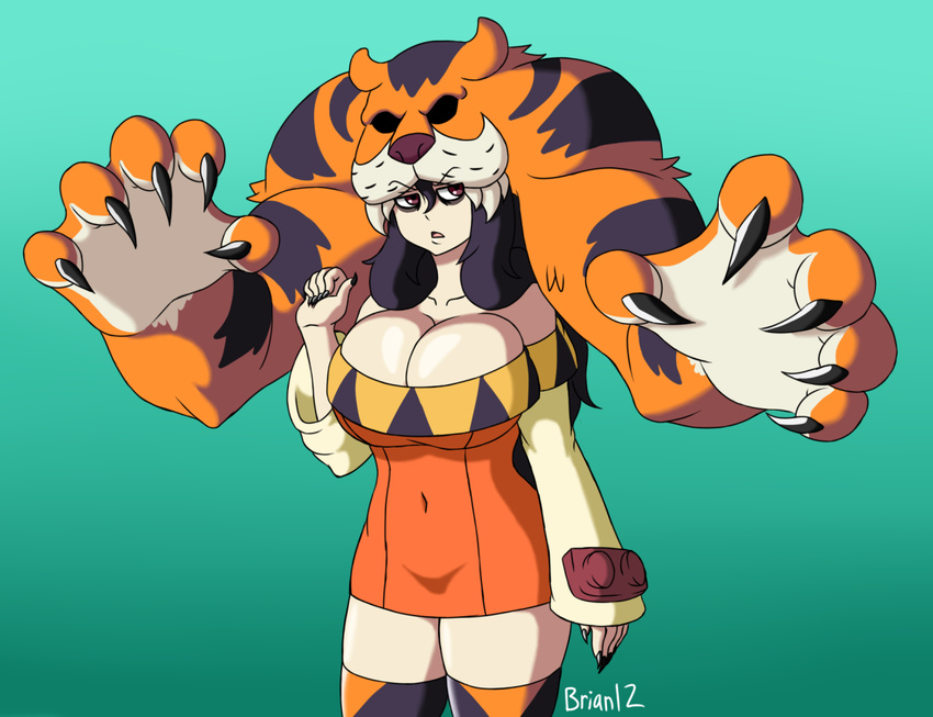 beanie big_breasts black_hair breasts briantwelve brown_eyes cerebella claws cleavage clothed clothing cosplay feline female gradient_background hair hat huge_breasts human indivisible mammal pelt razmi sharp_teeth signature simple_background skullgirls solo teeth tiger