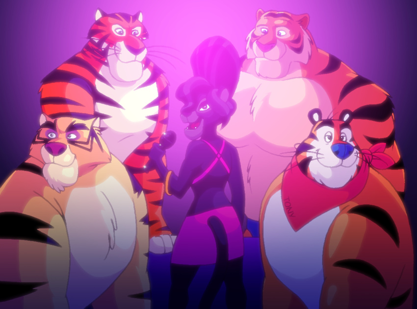 2016 anthro bracelet chest_tuft crossover dagnino disney el_arca feline female gepredators group jewelry looking_at_viewer looking_back madagascar male mammal microphone neckerchief panthy rear_view smile stripper_tiger_(zootopia) tiger tony_the_tiger tuft vitaly_the_tiger zootopia
