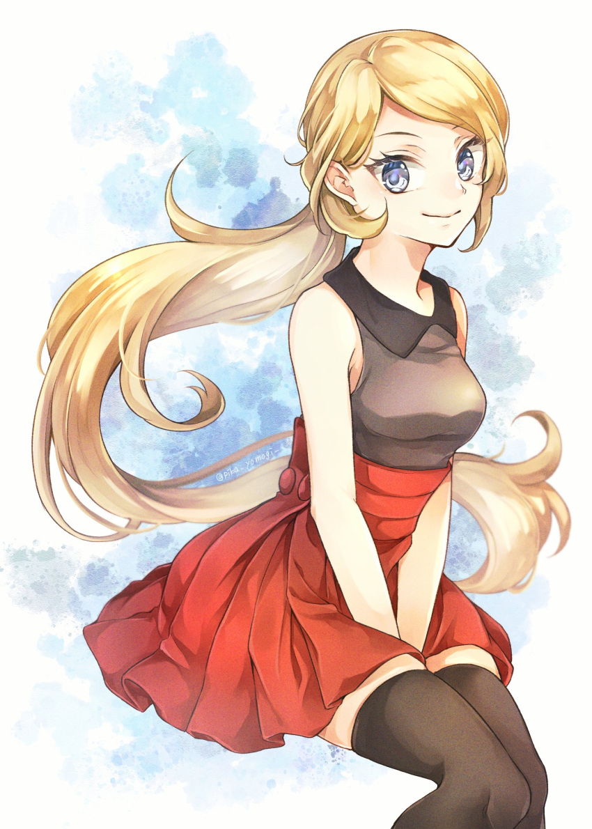 1girl blonde_hair blurry closed_mouth collared_shirt commentary_request eyelashes grey_eyes hands_on_lap high-waist_skirt highres invisible_chair long_hair looking_at_viewer own_hands_together pokemon pokemon_(game) pokemon_xy ponytail red_skirt serena_(pokemon) shirt sitting skirt sleeveless sleeveless_shirt smile solo thighhighs very_long_hair yomogi_(black-elf)