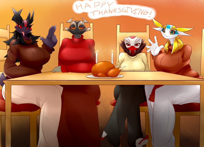 aijou averyshadydolphin avian big_breasts bird blue_markings breasts butt calamity candle claudia_(averyshadydolphin) clothed clothing cute dragon female group holidays markings orange_markings red_markings table thanksgiving turkey yaojou