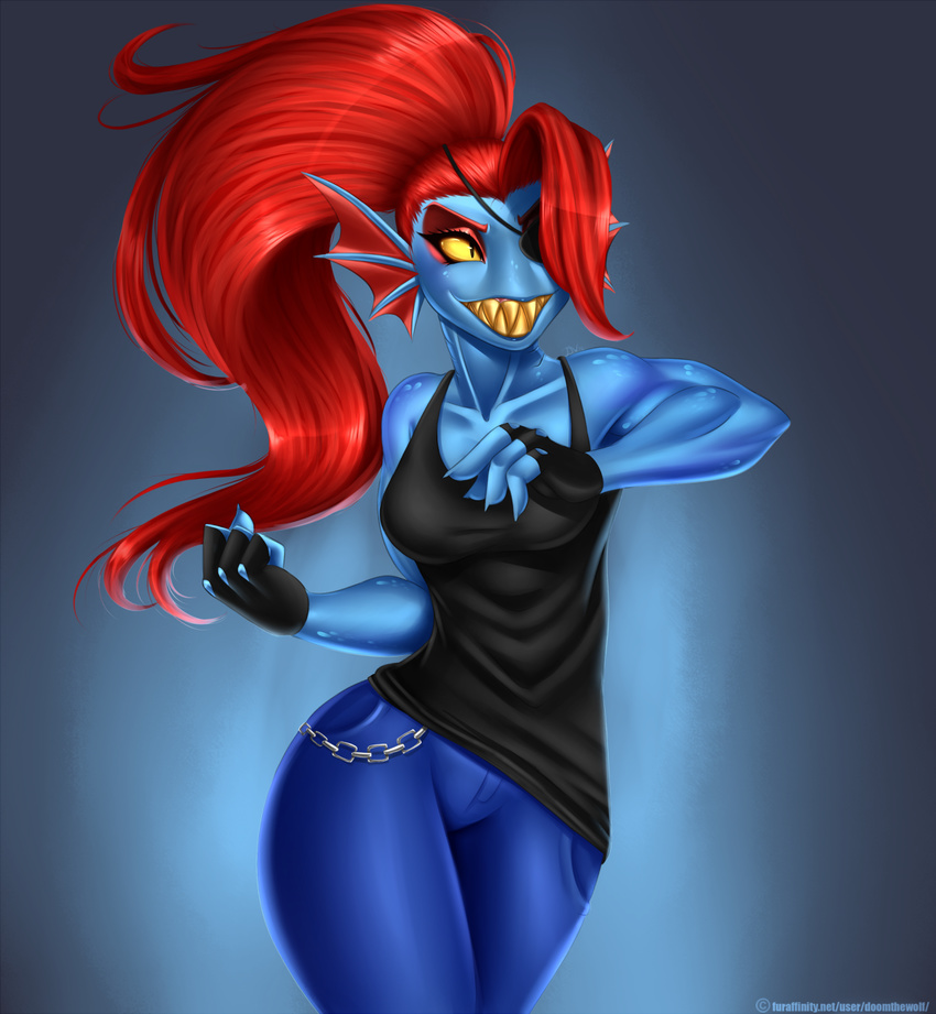 2016 anthro boss_monster doomthewolf eye_patch eyewear female fish hi_res marine solo teeth undertale undyne video_games