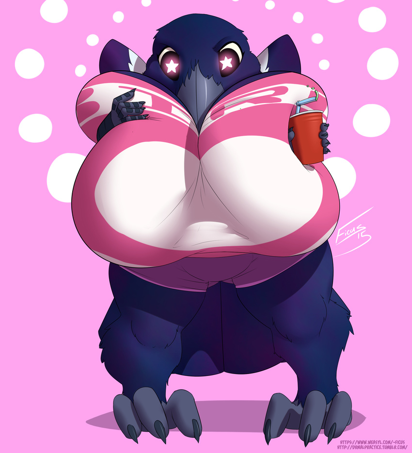 anthro avian beak big_breasts bird breast_expansion breasts clothed clothing corvid eurasian_magpie feathered_wings feathers female ficus hi_res huge_breasts hyper hyper_breasts magpie mattie_(thatwhichji) purple_eyes shirt shorts simple_background solo standing thick_thighs transformation voluptuous wide_hips wings