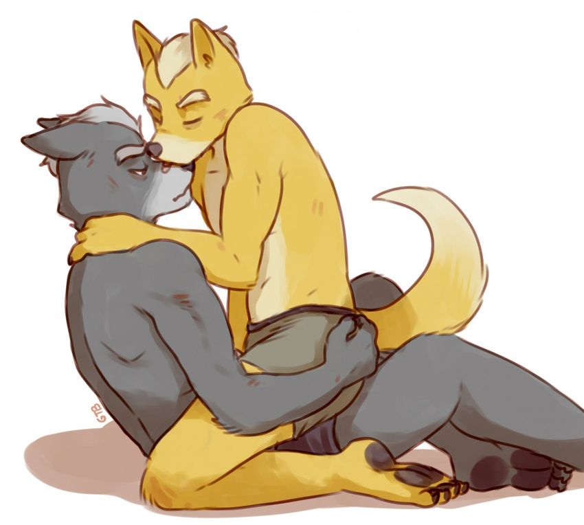 &lt;3 boxer_briefs canine clothed clothing duo fox fox_mccloud glitter_trap_boy half_naked kissing male male/male mammal nintendo star_fox topless underwear video_games wolf wolf_o'donnell