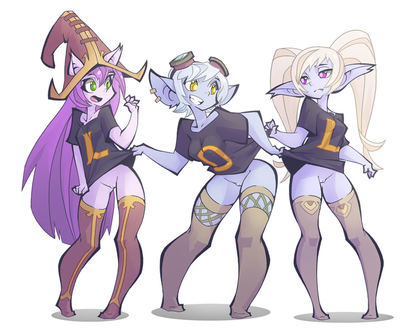 2016 alpha_channel anthro blonde_hair bottomless breasts butt clothed clothing digital_media_(artwork) ear_piercing eyewear female goggles green_eyes group hair hat humanoid league_of_legends legwear long_hair lulu_(lol) mammal open_mouth piercing poppy_(lol) purple_eyes purple_hair purple_skin pussy shirt_pull short_hair simple_background smile stockings teeth thepinkpirate thigh_highs tongue transparent_background tristana video_games white_hair yellow_eyes yordle