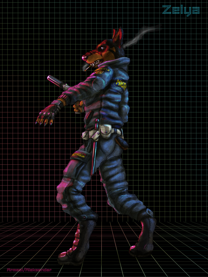 absurd_res alekksandar anthro blue_eyes canine cigarette clothed clothing doberman dog fawk female fur hi_res mammal police police_uniform smoke smoking snarling solo uniform zelya