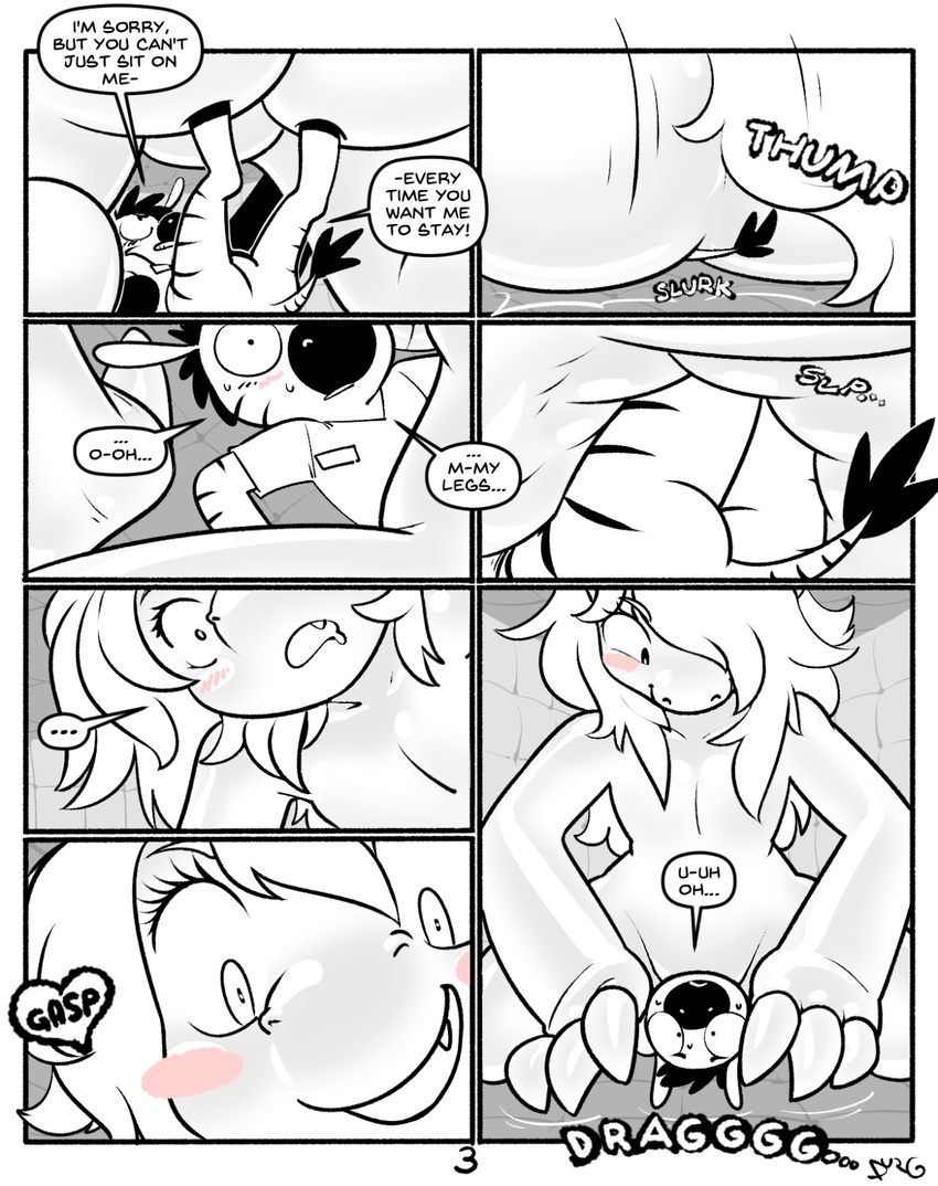 all_fours anal anal_penetration anthro blush claws clothing comic equine fangs female forced hi_res hooves larger_female macro male mammal monochrome monster padded_room penetration shirt size_difference smile teelhavok vore zebra