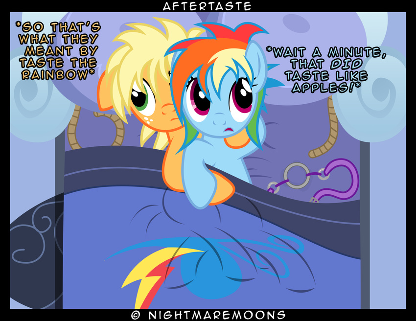 2013 absurd_res alternate_hairstyle applejack_(mlp) bed blonde_hair blue_fur duo earth_pony english_text equine female feral friendship_is_magic fur gag green_eyes hair hi_res horse hug inside lying mammal multicolored_hair my_little_pony nightmaremoons on_back on_bed on_side orange_fur pegasus pony purple_eyes rainbow_dash_(mlp) rainbow_hair rope text wings