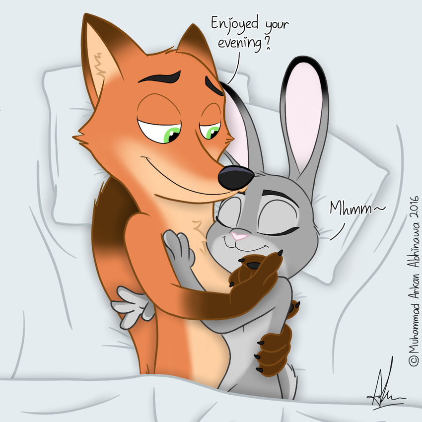 anthro bed bullpoopsniperrifle canine claws cuddling disney duo eyes_closed female fox gloves_(marking) green_eyes interspecies judy_hopps lagomorph lying male mammal markings nick_wilde on_bed on_side predator/prey_relations rabbit smile zootopia