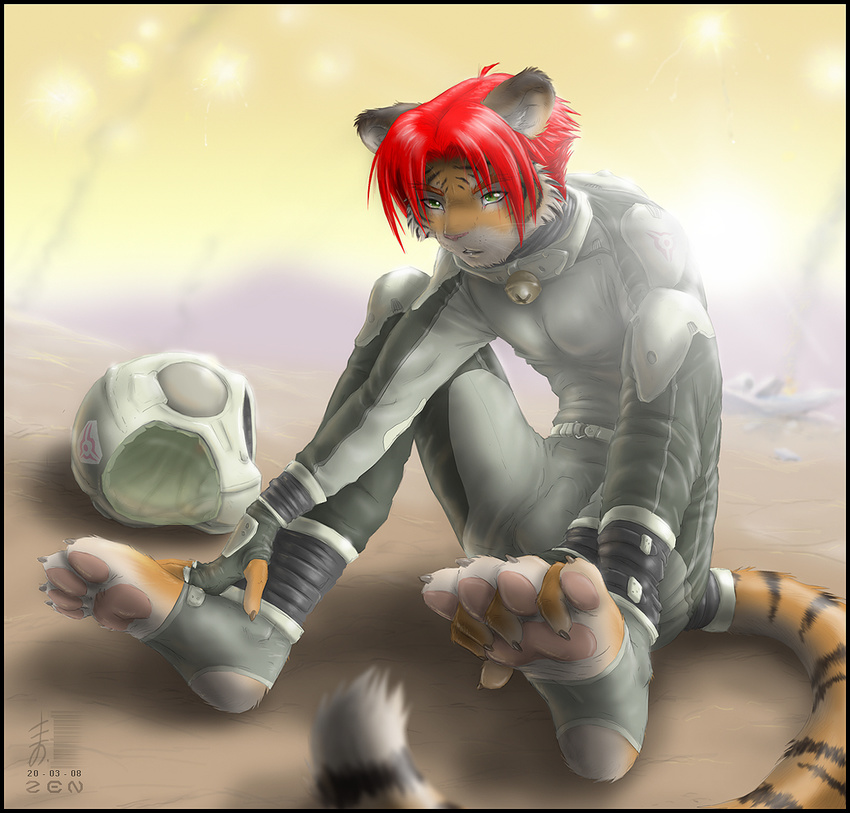 2008 anthro bell belt boots bulge claws clothed clothing collar feline footwear fur furgonomics gloves green_eyes hair helmet hindpaw joshua male mammal on_floor pawpads paws red_hair rubber short_hair sitting solo spacesuit tail_clothing tiger toe_claws whiskers zen