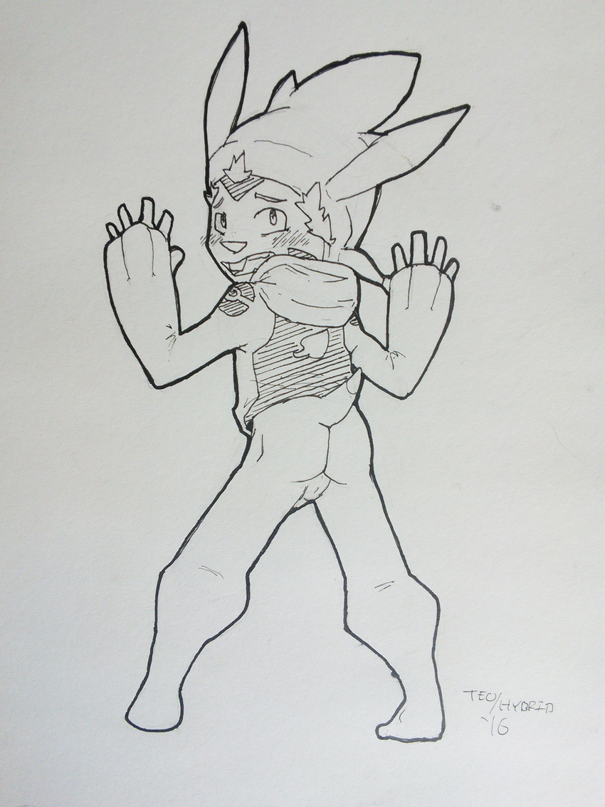 absurd_res against_wall anthro anthrofied barefoot barely_visible_genitalia blush bottomless buckteeth butt chespin clothed clothing greyscale headgear hi_res hoodie hybridstaar looking_at_viewer looking_back mammal monochrome nintendo pen_(artwork) penis perineum pok&eacute;mon rear_view rodent signature solo standing teeth traditional_media_(artwork) video_games