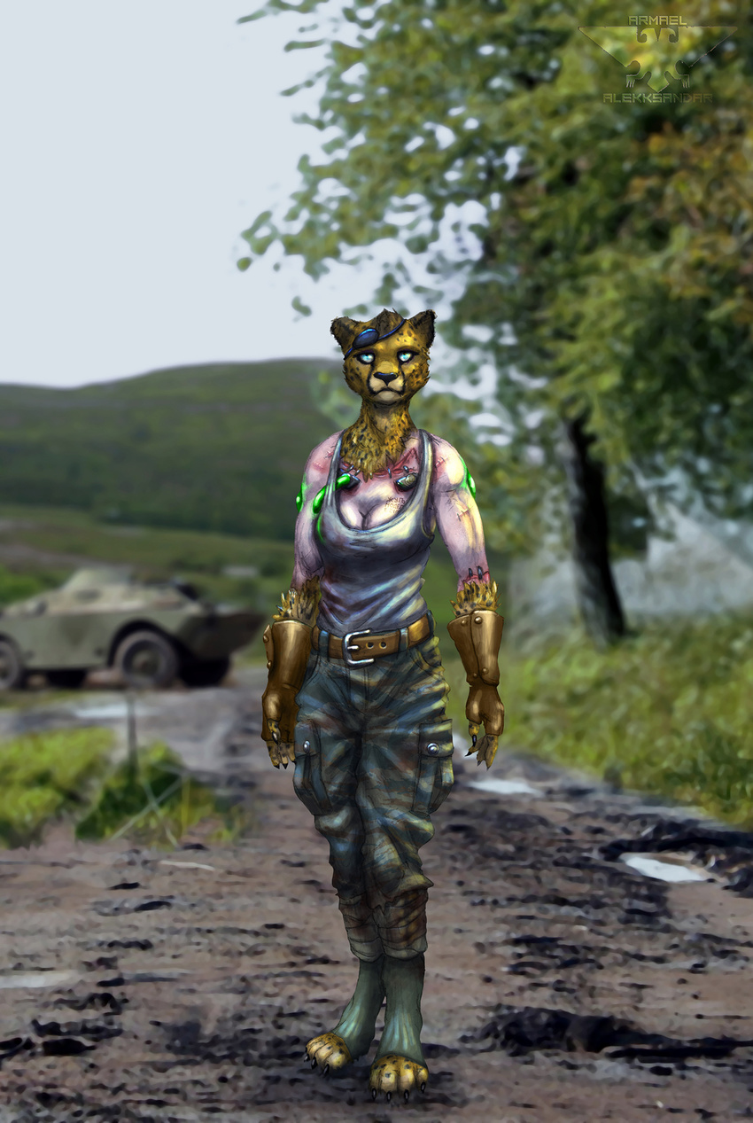 alekksandar anthro blis blue_eyes camo cheetah clothed clothing experiment eye_patch eyewear feline female fur hi_res human laboratory_experiment mammal shirt solo standing stitches tank_top