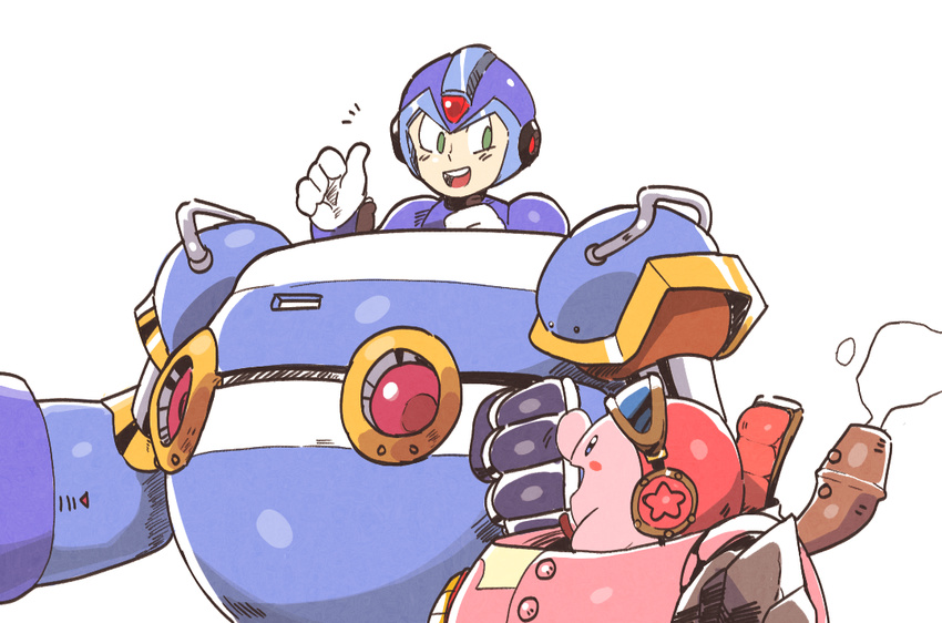 :d android blue_eyes blush_stickers clenched_hand commentary crossover gloves green_eyes helmet inkerton-kun kirby kirby:_planet_robobot kirby_(series) mecha open_mouth ride_armor robobot_armor robot rockman rockman_x smile teeth thumbs_up trait_connection walker white_background white_gloves x_(rockman)