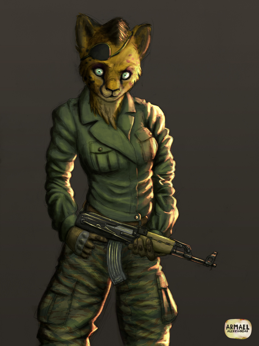 absurd_res alekksandar anthro army blis blue_eyes cheetah clothed clothing eye_patch eyewear feline female fur gun hair hi_res holding_object holding_weapon looking_at_viewer m70 mammal military mohawk ranged_weapon simple_background solo standing uniform weapon