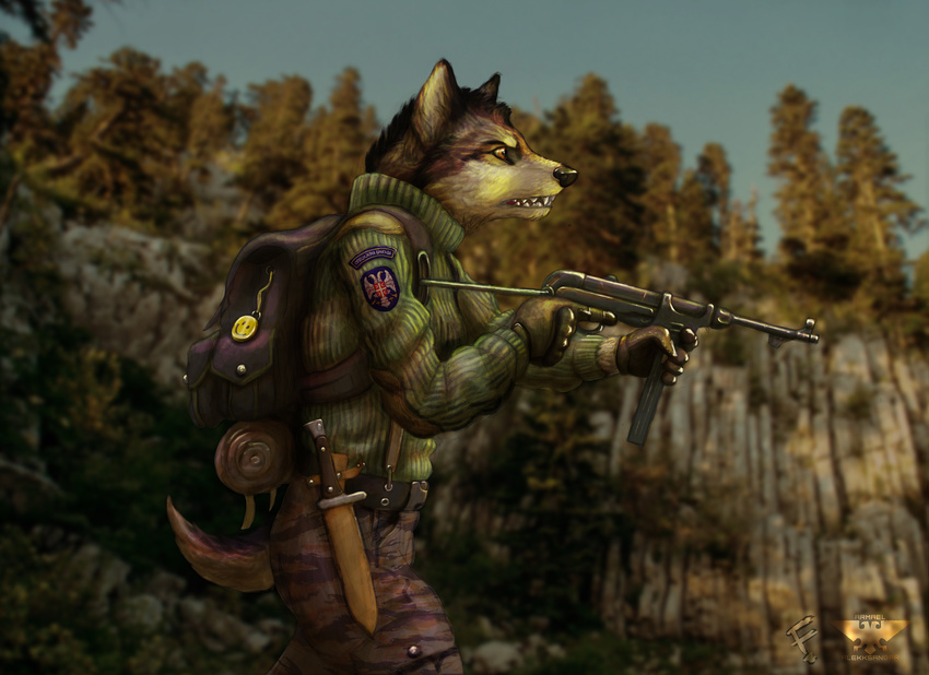 absurd_res alekksandar anthro army camo canine clothed clothing detailed_background fawk female forest fur gun hi_res knife mammal military mp40 photo_background ra&scaron;ka ranged_weapon serbian_text solo tree uniform weapon wolf