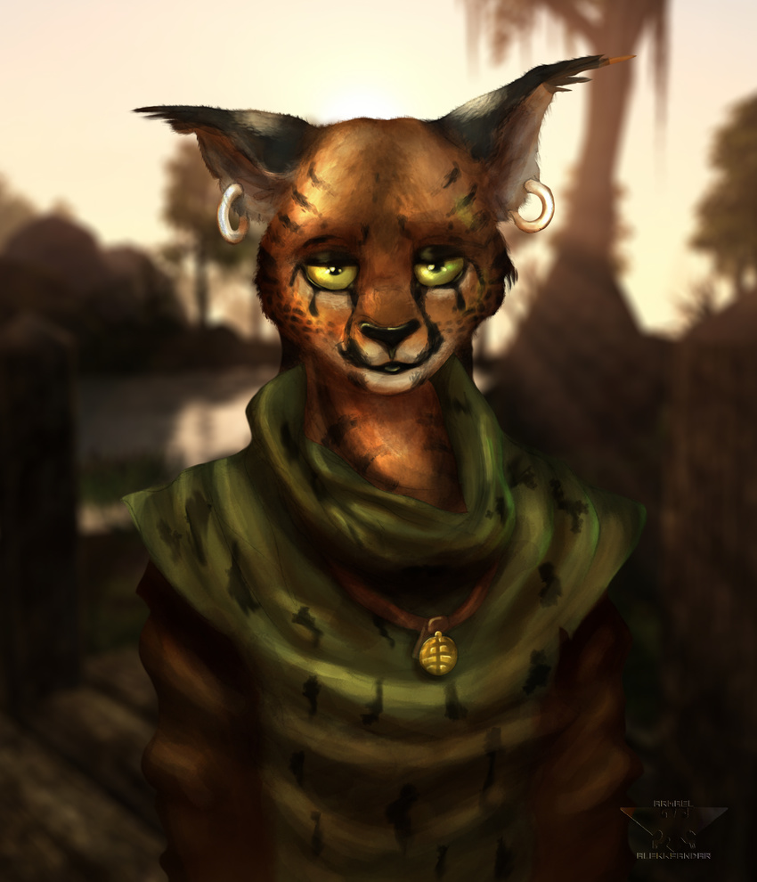 ahnassi alekksandar anthro clothed clothing ear_piercing feline female hi_res khajiit looking_at_viewer mammal morrowind piercing solo tes the_elder_scrolls video_games