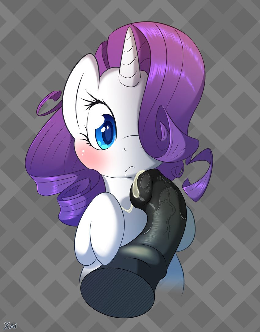 2016 animal_genitalia animal_penis blue_eyes blush cum disembodied_penis duo equine equine_penis female feral friendship_is_magic hair hi_res horn male male/female mammal my_little_pony pattern_background penis purple_hair rarity_(mlp) simple_background unicorn xaipony_(artist)