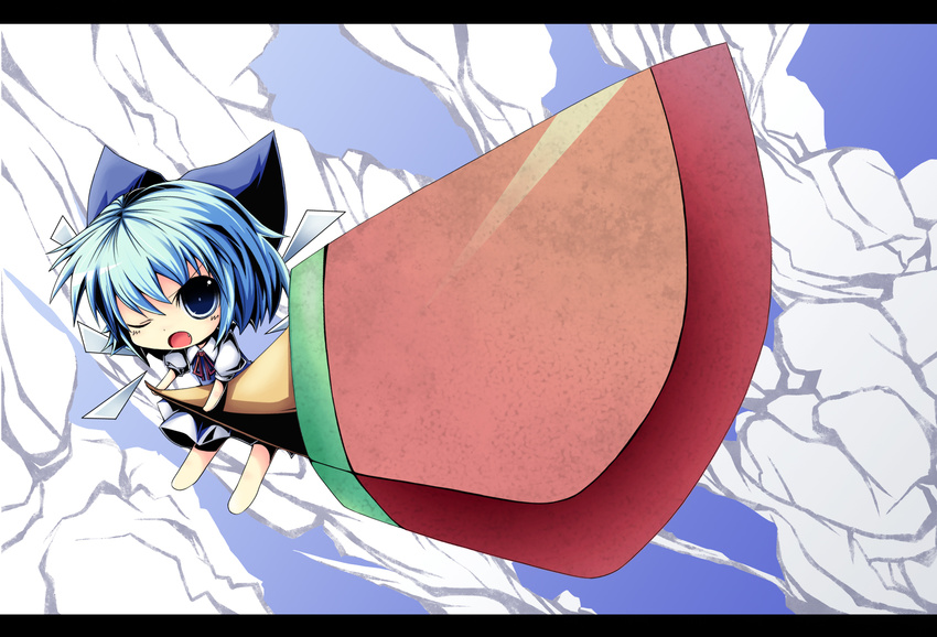 blue_hair chibi cirno food hebereke_black highres letterboxed popsicle ribbon sky solo sunrise_stance sword touhou wallpaper watermelon_bar weapon