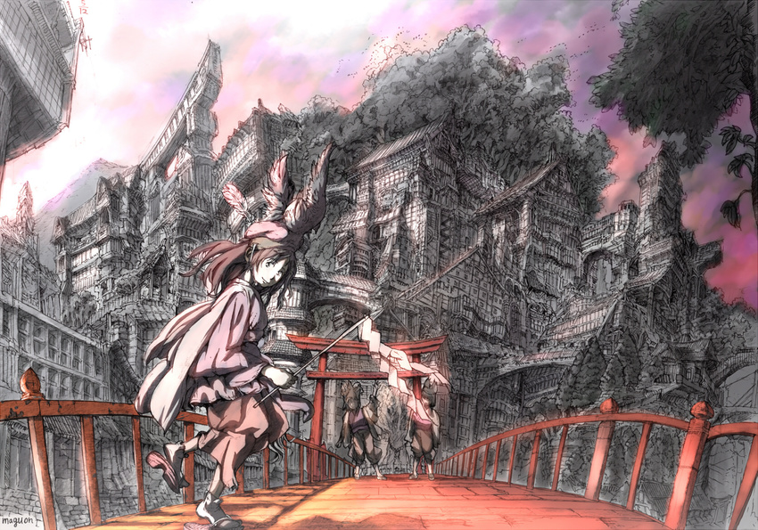 2boys bridge city cityscape gohei highres japanese_clothes maguon multiple_boys original torii tree