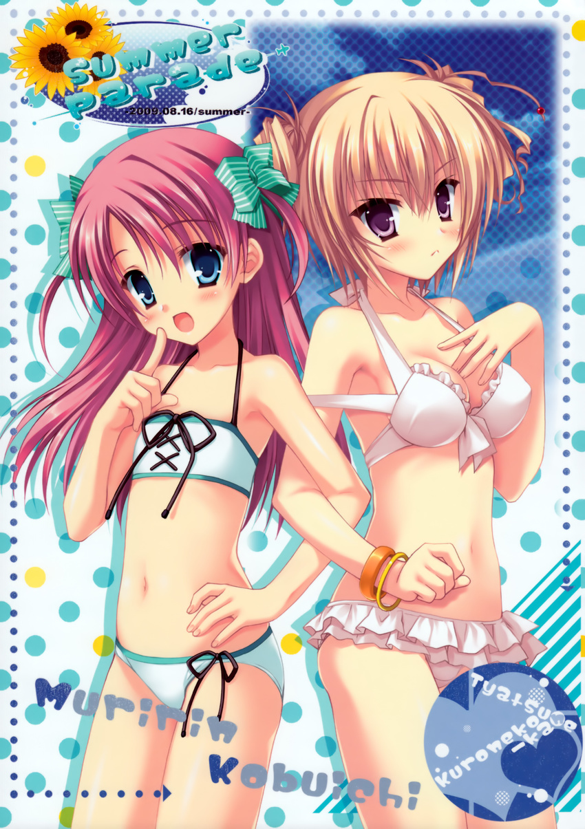 absurdres bikini blonde_hair blue_eyes blush bracelet character_request copyright_request flat_chest frame frilled_bikini frills front-tie_top hand_on_own_chest highres jewelry kobuichi locked_arms long_hair midriff multiple_girls muririn navel pointing pointing_up purple_eyes purple_hair ribbon short_hair short_twintails swimsuit twintails