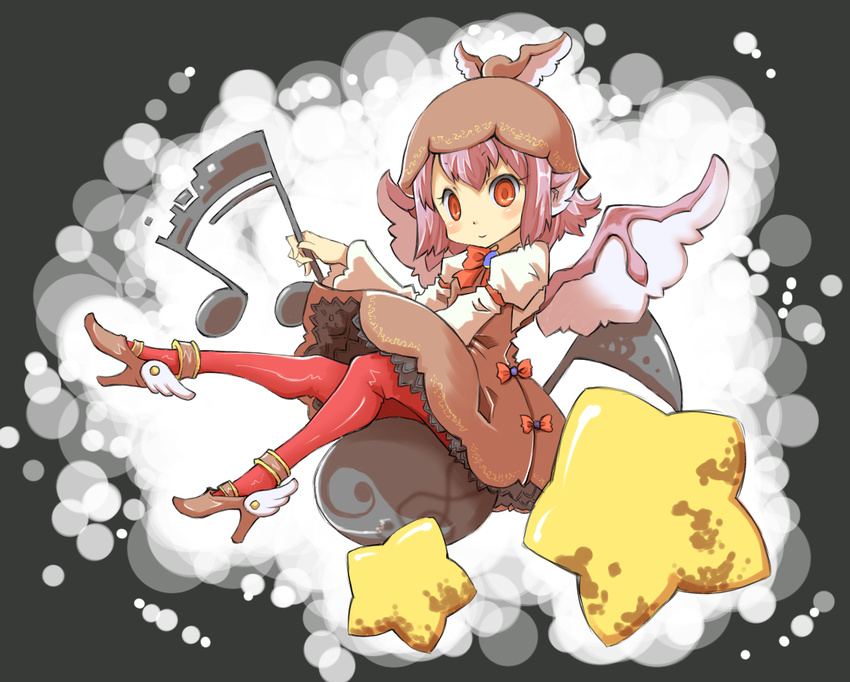 animal_ears bad_id bad_pixiv_id dress hat high_heels musical_note mystia_lorelei pantyhose pink_hair red_eyes shoes sitting solo star touhou uni_mate winged_shoes wings