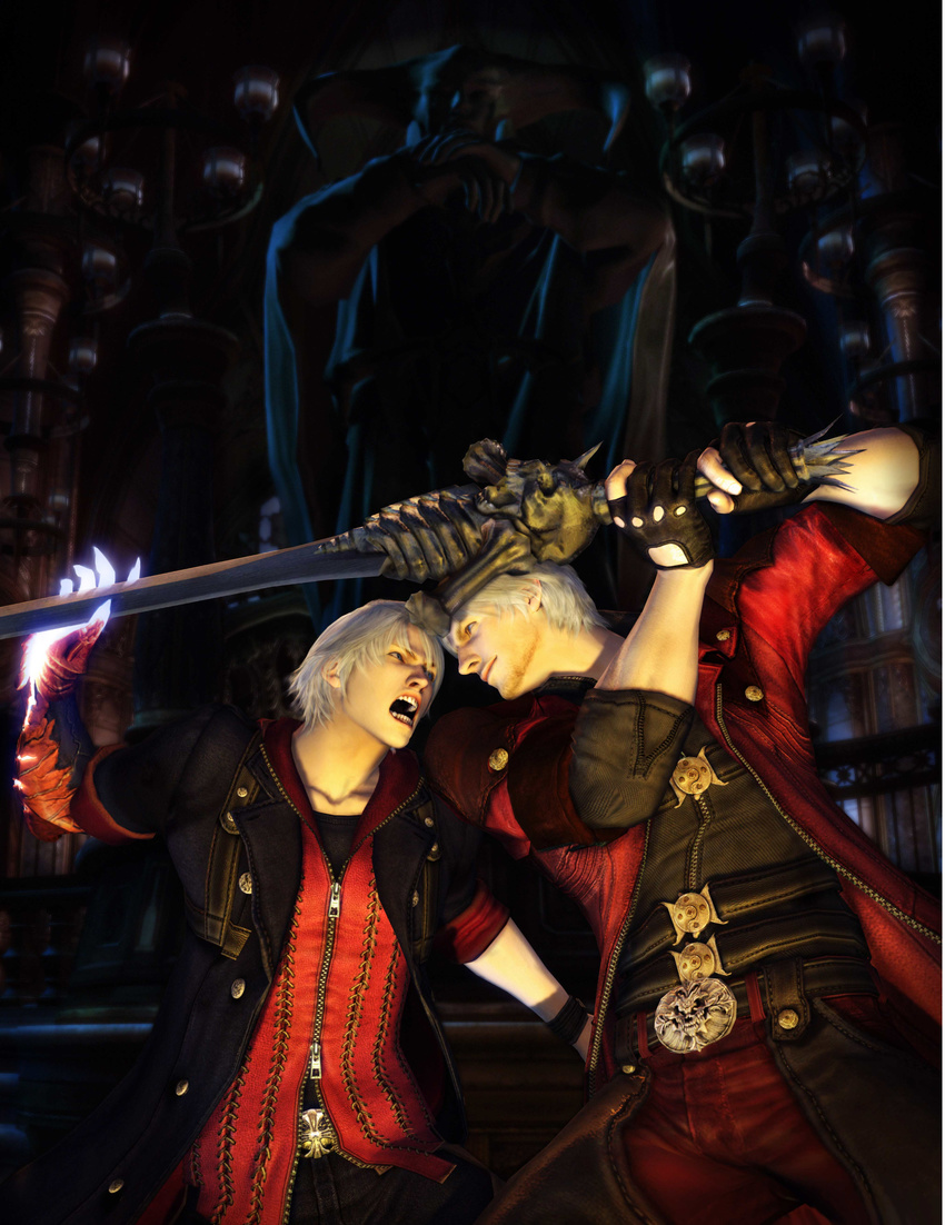 2boys 3d absurdres battle blue_eyes capcom concept_art dante dante_(devil_may_cry) devil_bringer devil_may_cry devil_may_cry_4 gloves highres male male_focus multiple_boys nero nero_(devil_may_cry) official_art rebellion_(sword) sword trench_coat trenchcoat tsuchibayashi_makoto weapon white_hair yoshikawa_tatsuya